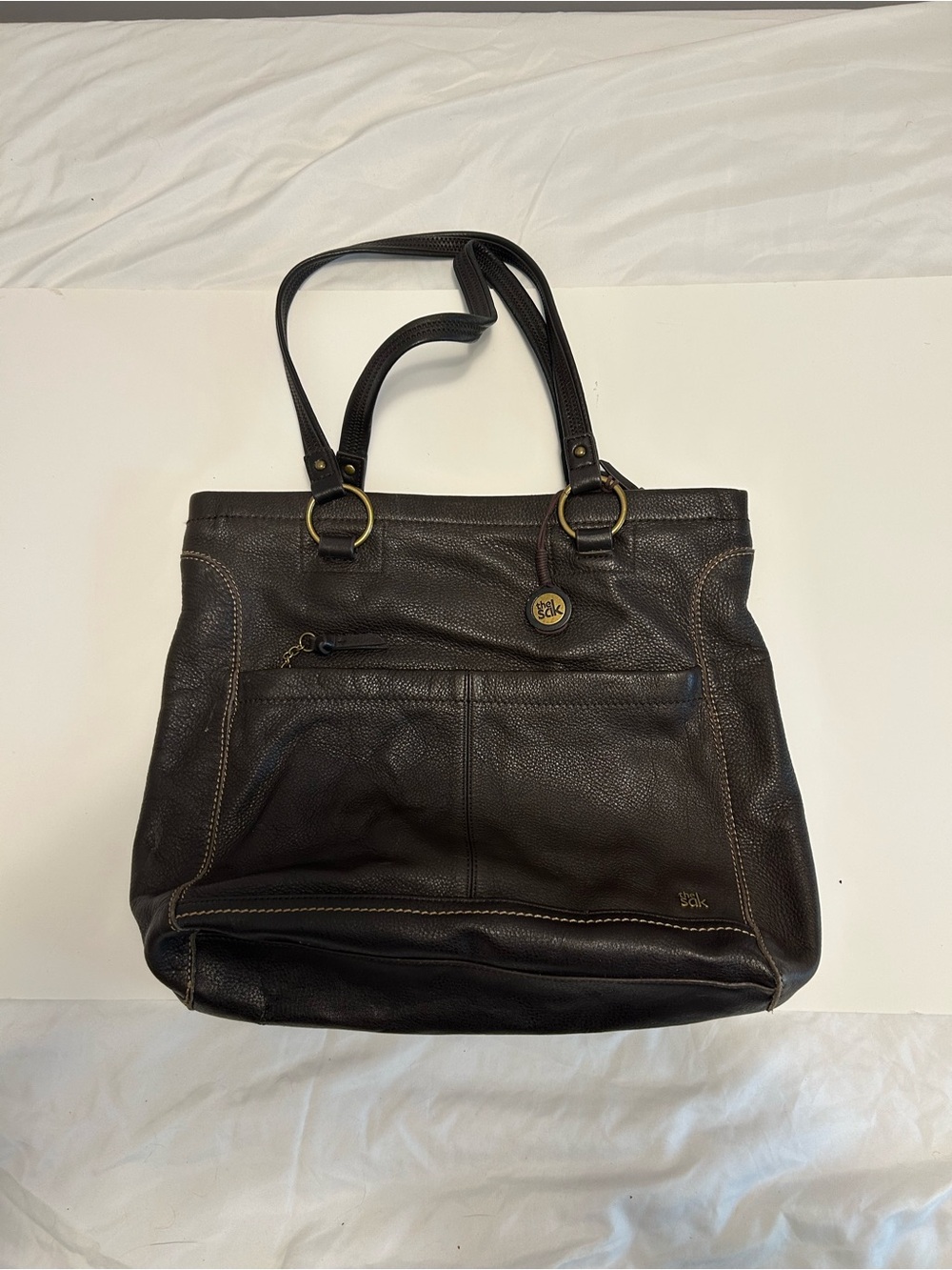 The Sak Brown Pebbled Leather Tote with Front Zip Pocket